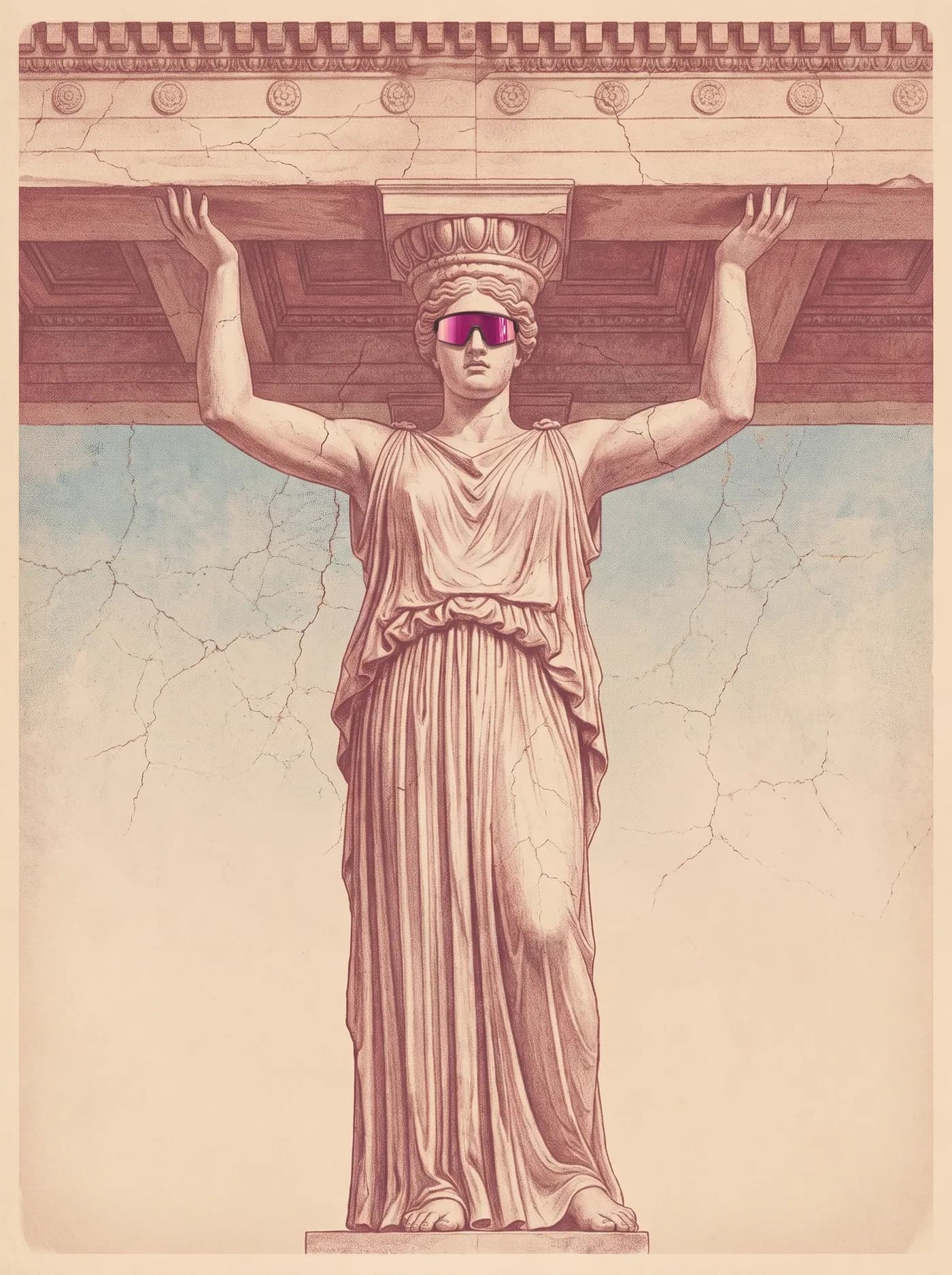 A caryatid carrying an entablature, wearing a mirrored pink visor